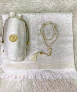 Prayer Rug with Matching Tasbeeh and Pouch in white color