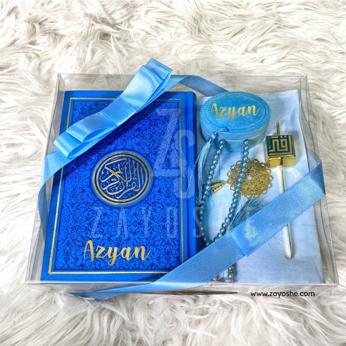 Premium Personalized Islamic Gift Set With English Translation Quran - Light Blue