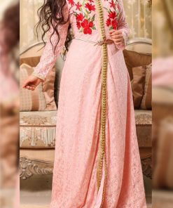 جلابية شبكية مطرزة - وردي